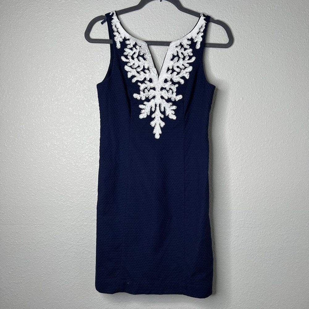 Lilly Pulitzer Navy Blue Dress with White Embroidered Plunge Neck